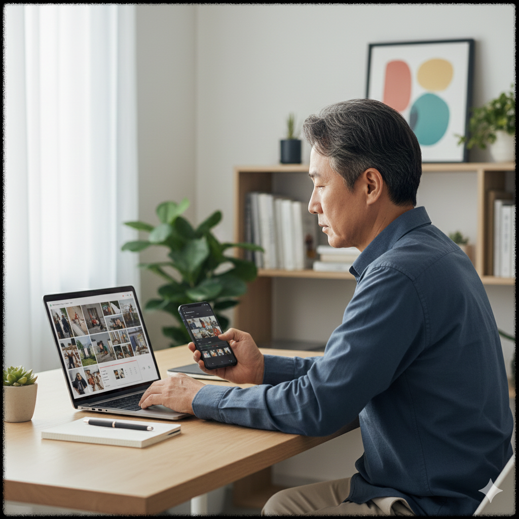 완성된 사진 영상을 확인하며 편집 결과를 검토하는 모습