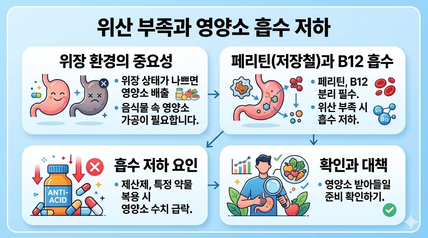 위산 부족과 약물 영향으로 영양소 흡수 저하되는 과정 인포그래픽