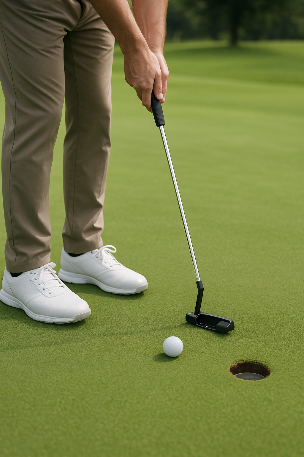 말렛퍼터의 직선형 스트로크로 퍼팅하는 모습