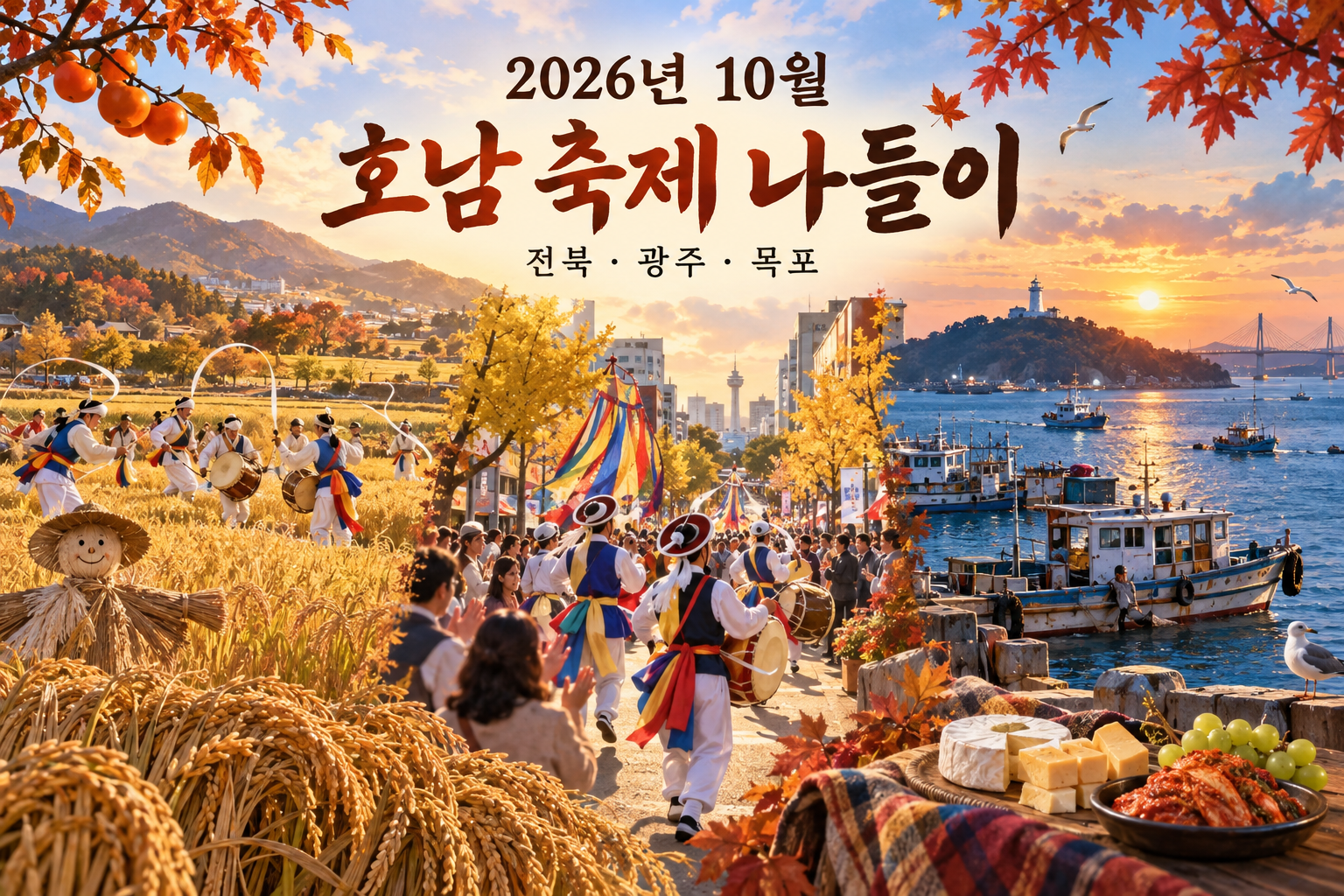 가을 들판의 농악 공연, 도심 퍼레이드와 항구를 함께 담은 호남 나들이 그림
