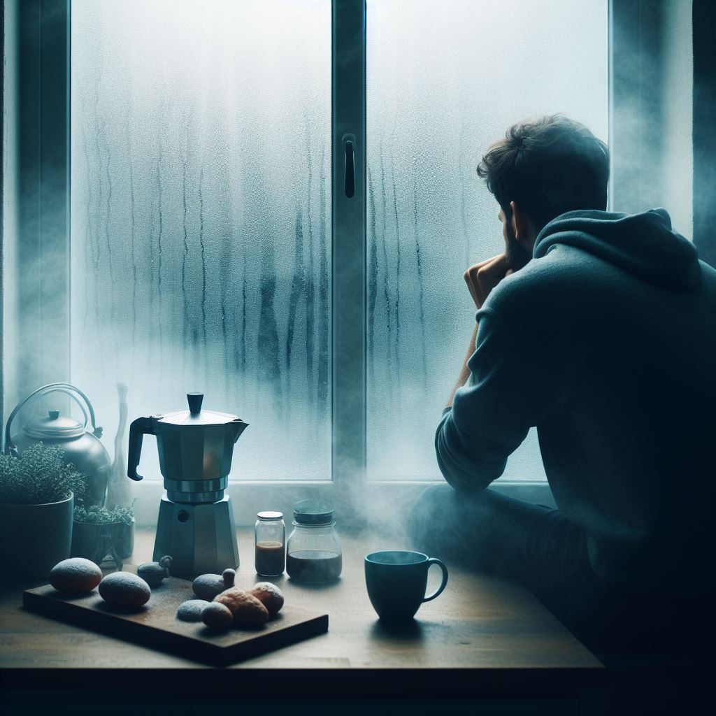 A person looking at the foggy window while making coffee in the morning, feeling frustrated and missing someone.