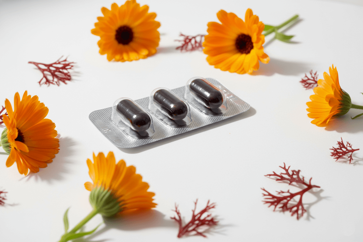 루테인&middot;지아잔틴 캡슐 블리스터 포장 제품컷, 오렌지색 꽃 소품이 놓인 화이트 배경