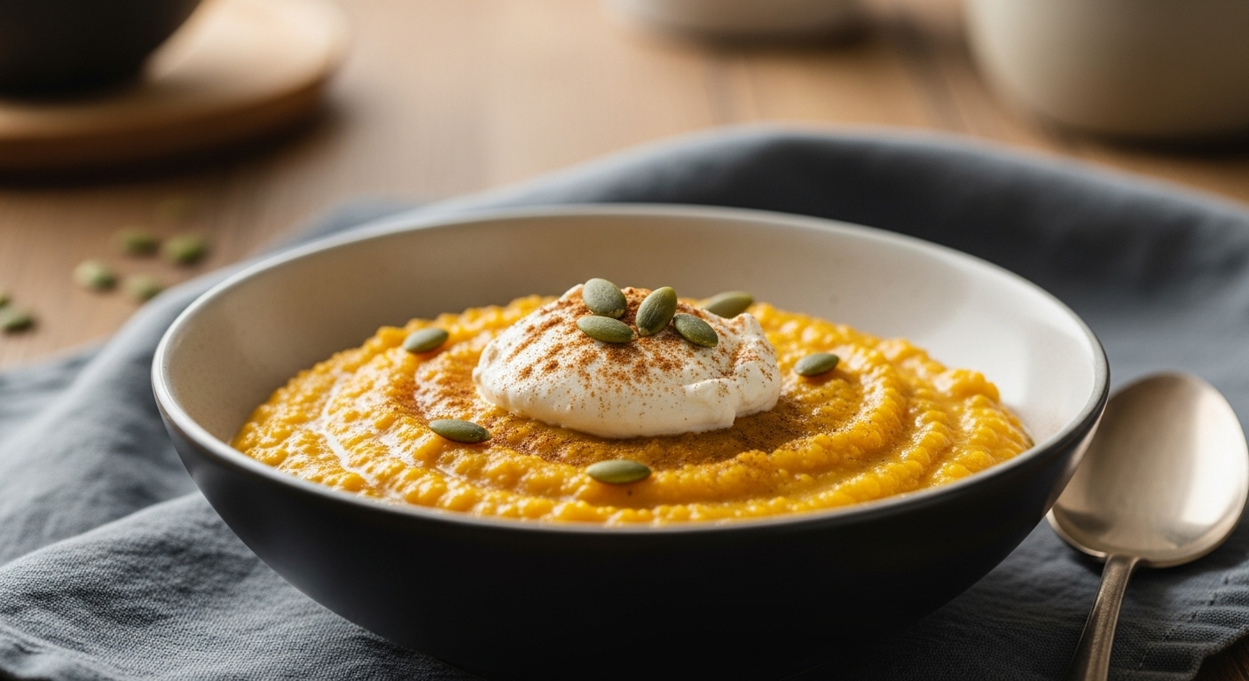 부드러운 크림치즈가 올려진 따뜻한 호박죽 한 그릇, 시나몬과 호박씨로 장식되어 더욱 먹음직스러운 모습. 아늑한 주방 테이블 위에서 편안하고 고급스러운 분위기를 연출합니다.