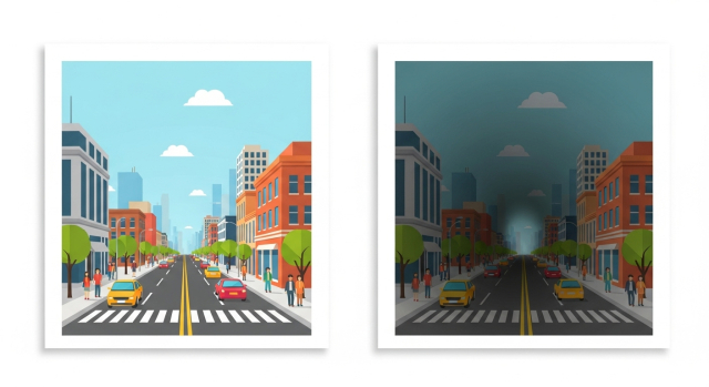 녹내장, 정상 시야와 주변 시야가 좁아진 시야 비교