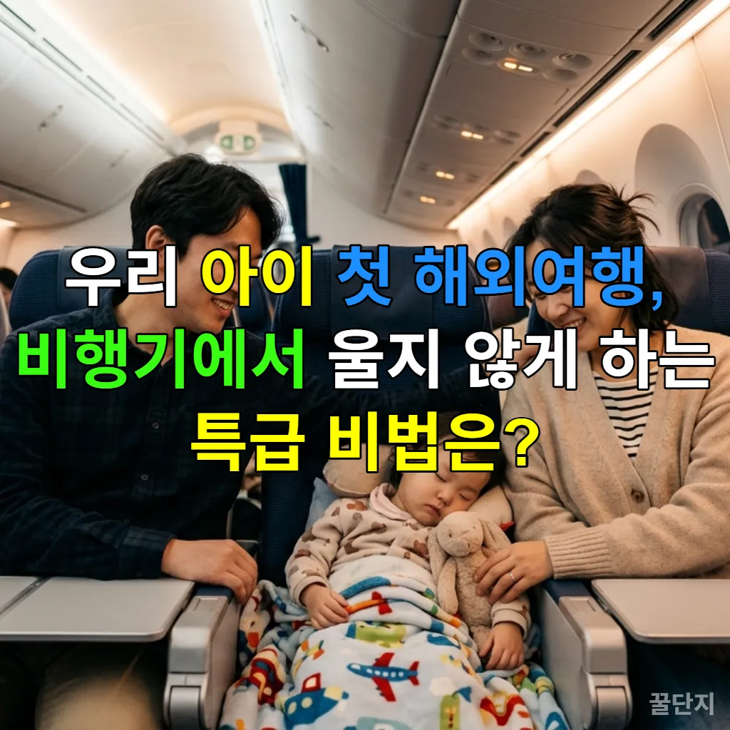비행기 안에서 편안하게 잠든 아이와 미소 짓는 한국인 부모의 모습