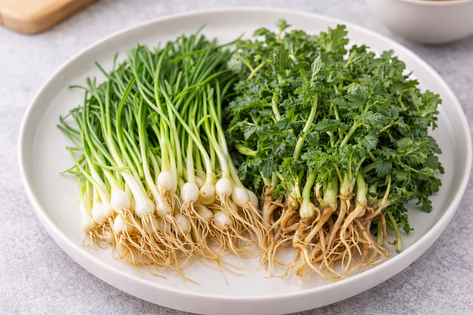 손질된 달래와 냉이를 준비한 봄 제철 나물 모습