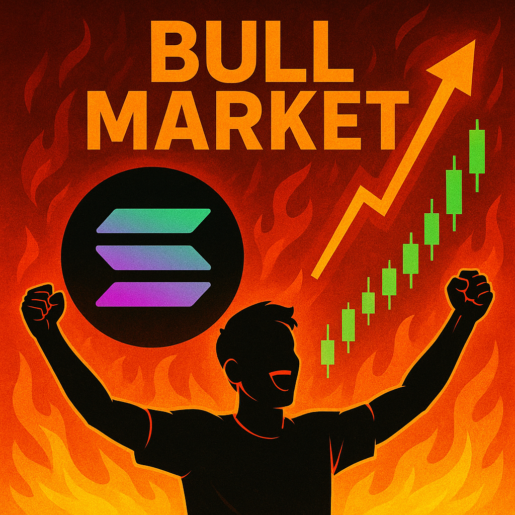 Solana bull market illustration with rising chart, flames, and celebrating investor symbolizing strong market momentum