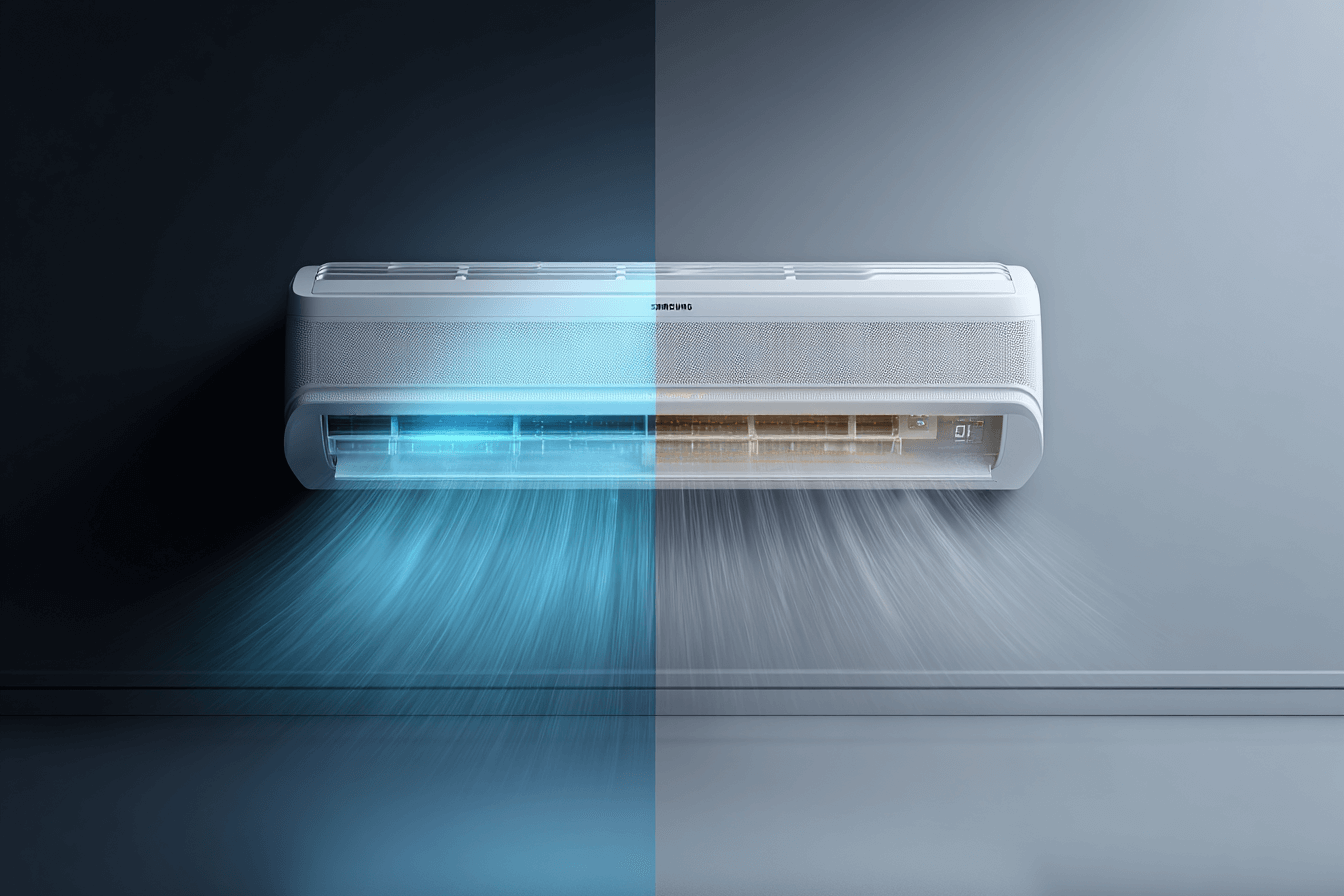 거실에-설치된-벽걸이-에어컨-사진을-반으로-나누어-상반되게-표현한-이미지