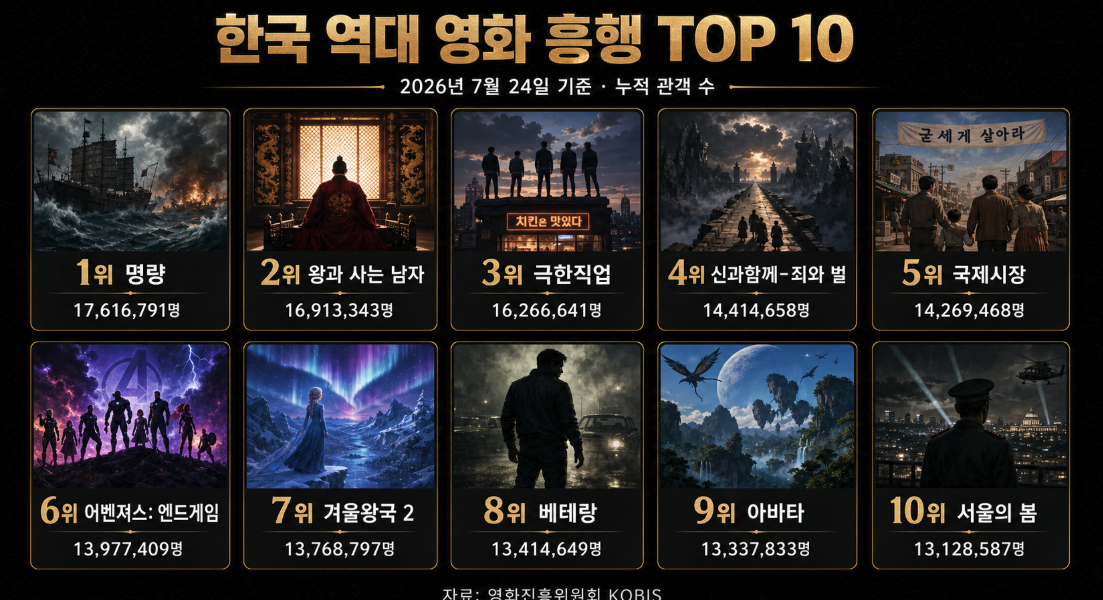 한국 역대 영화 흥행 TOP 10 포스터 및 스틸
