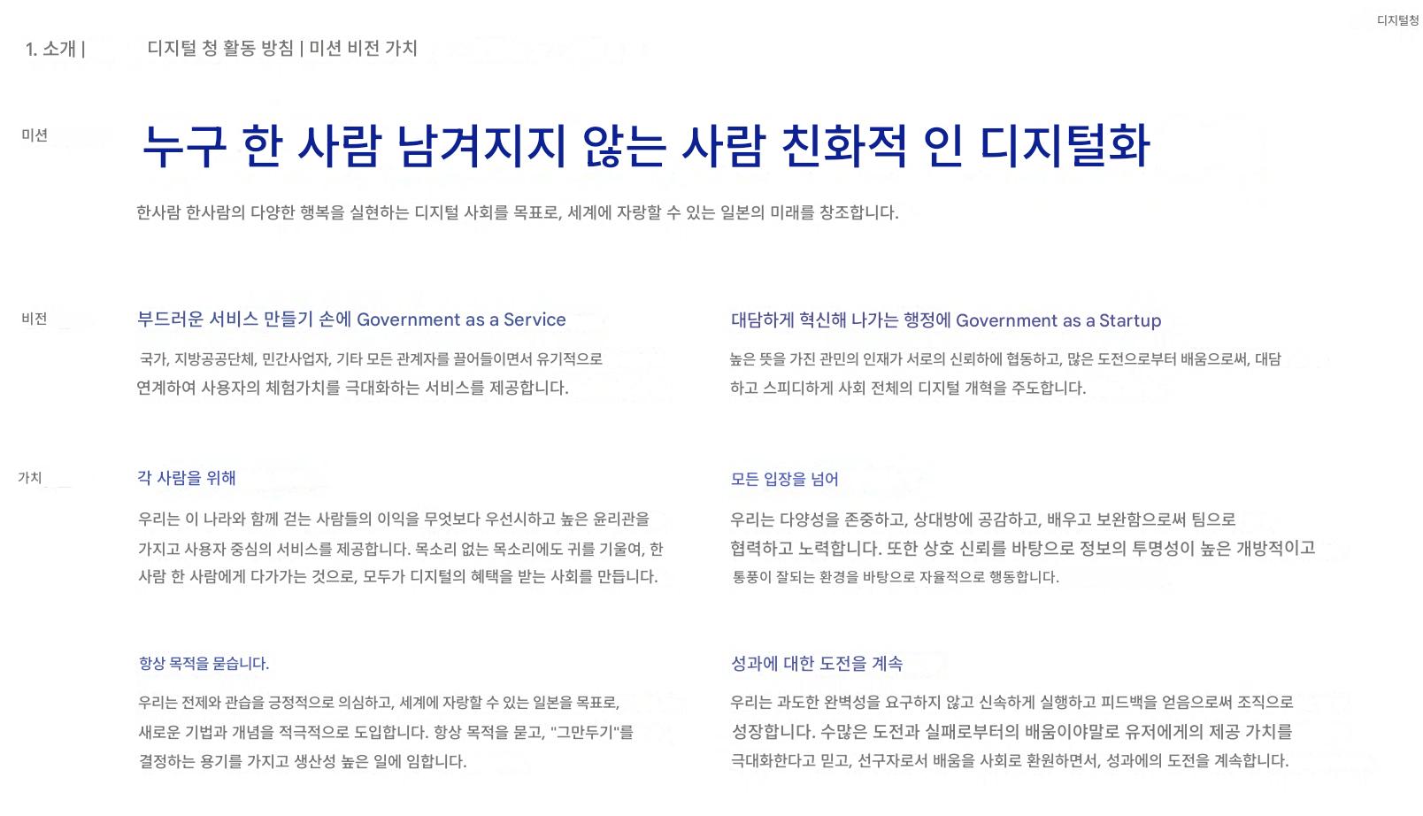 이미지 내용: 디지털청의 활동방침 ❘ 미션&middot;비전&middot;밸류