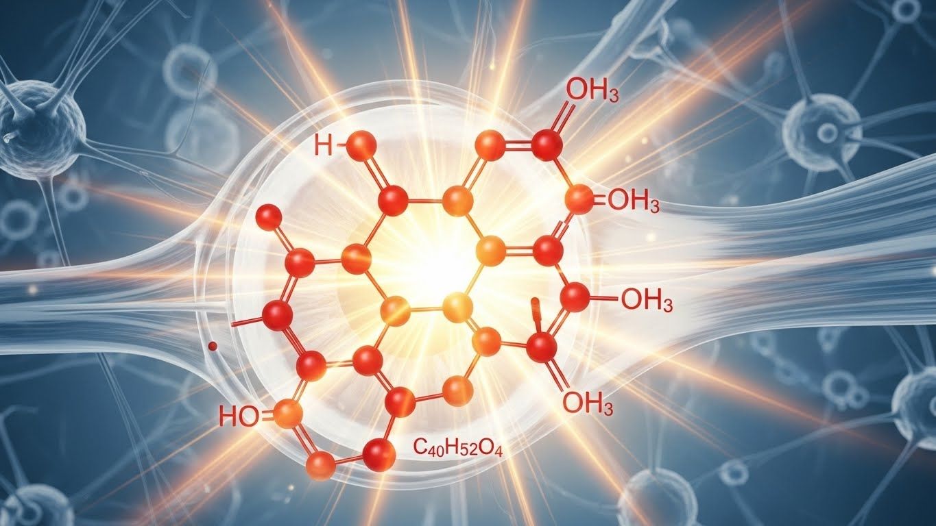 단일 아스타잔틴 분자(과학적으로 나타내지만 미적으로 보기 좋은)의 매크로 샷으로, 강력한 항산화 및 눈 피로 감소 특성을 상징합니다.