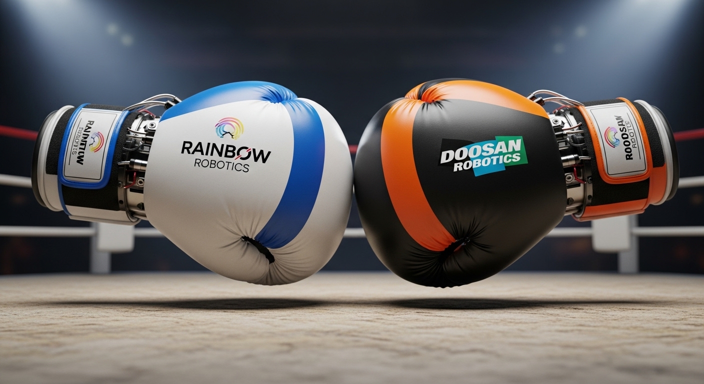 3D graphic of robot gloves with Rainbow Robotics and Doosan Robotics logos clashing in a ring.