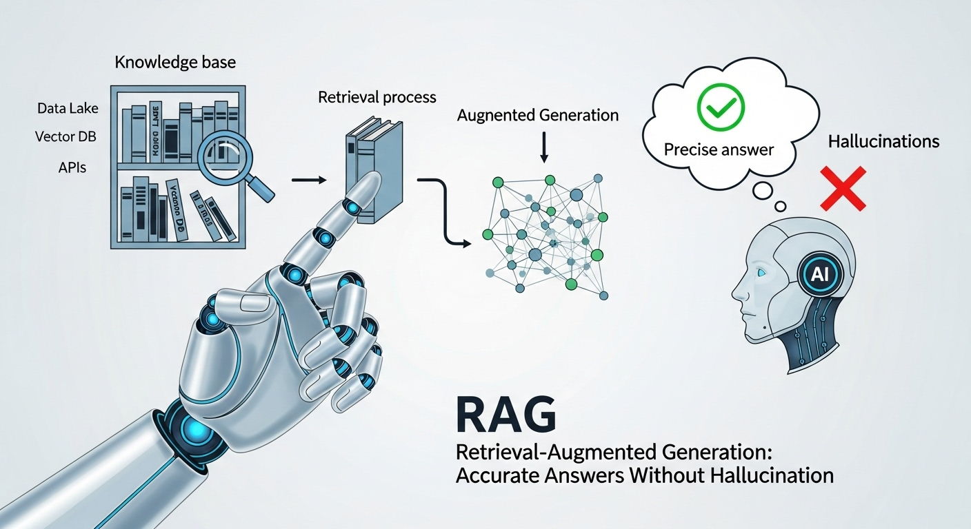 RAG (Retrieval-Augmented Generation)의 원리. 책장 모양의 지식 베이스에서 필요한 정보를 검색(돋보기 아이콘)하여, 환각(빨간 X) 없이 정확한 답변을 내놓는 AI 로봇의 손. (기술적, 전문적)