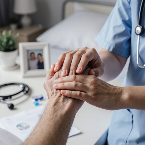 돌봄자의 젊은 손이 나이 든 환자의 손을 부드럽게 잡고 있는 모습