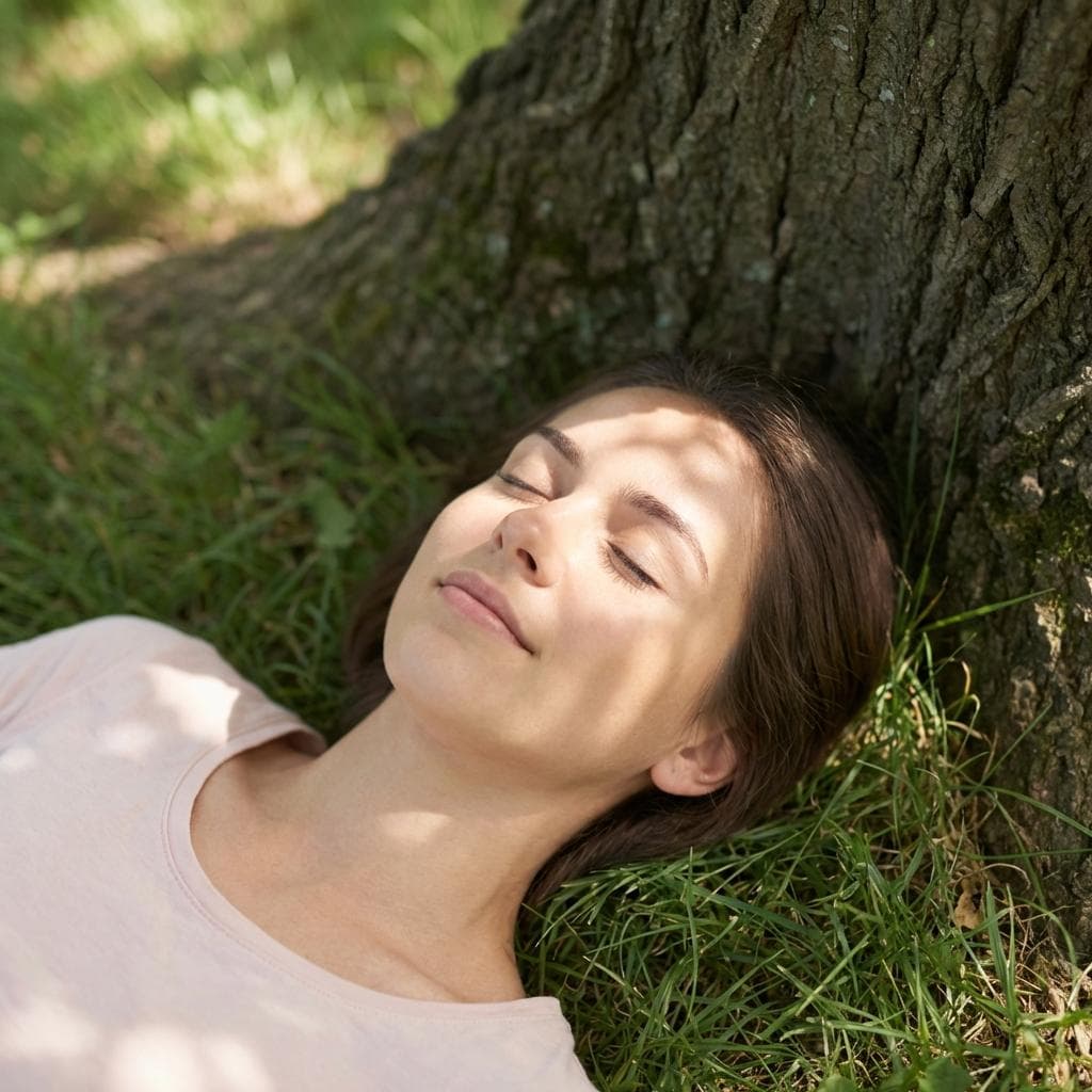 나무 그늘 아래 잔디밭에 누워 깊은 휴식과 명상을 즐기는 여성, 어싱의 스트레스 완화 효과