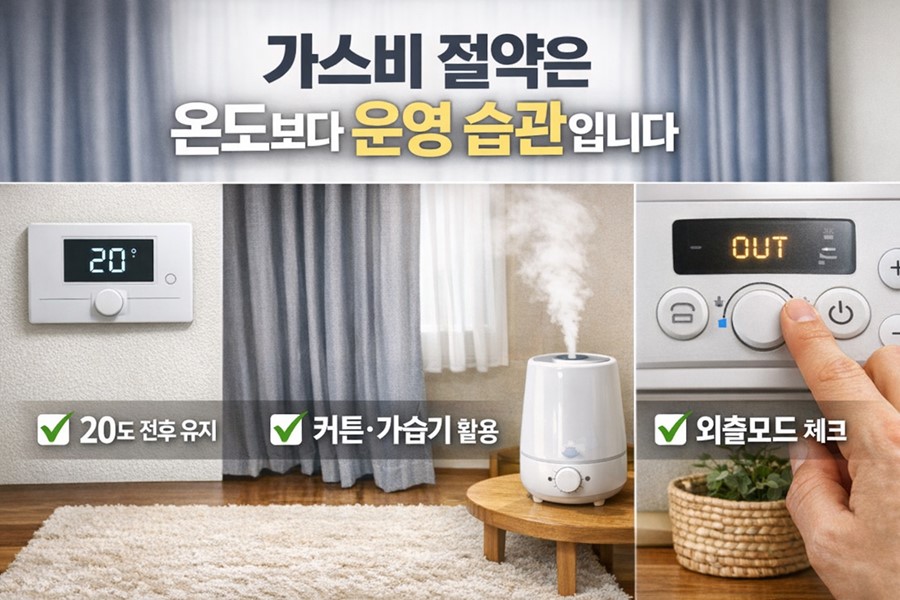 보일러를 20도 전후로 유지하면서 커튼과 가습기, 외출모드와 러그 활용으로 가스비를 절약하는 방법을 보여주는 체크리스트 이미지