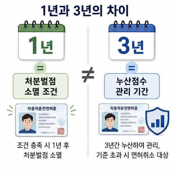 처분벌점 소멸에 적용되는 1년 기준과 누산점수 관리에 적용되는 과거 3년 기준의 차이를 비교한 이미지