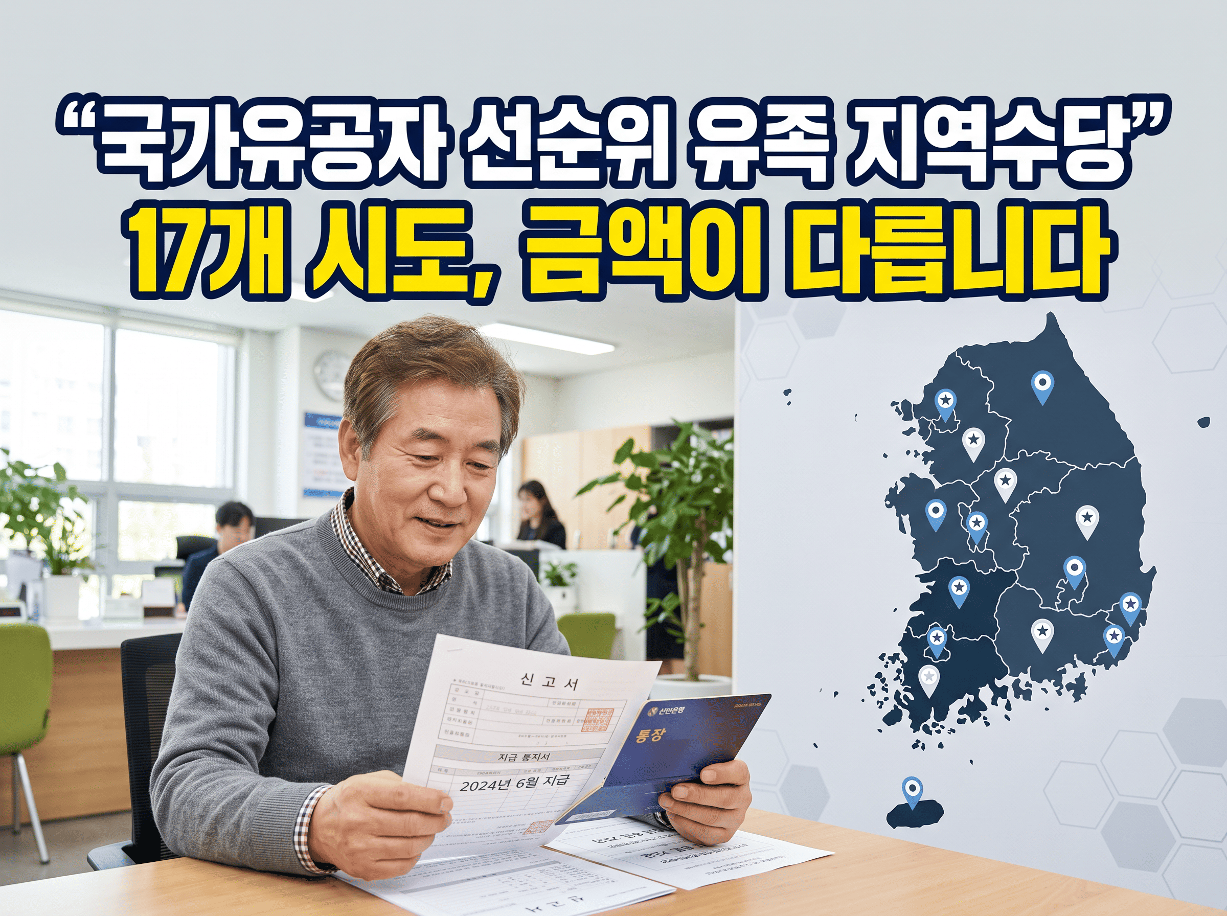 대한민국 지도와 행정서류를 배경으로 지역마다 다른 국가유공자 유족 보훈수당을 안내하는 이미지