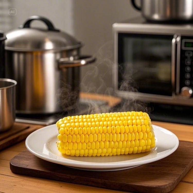 "김이 모락모락 올라오는 노란색 초당옥수수가 흰 접시에 담겨있고, 배경에는 냄비, 전자레인지, 압력솥이 보이는 깔끔한 주방 풍경. 따뜻하고 맛있어 보이는 분위기의 음식 사진"