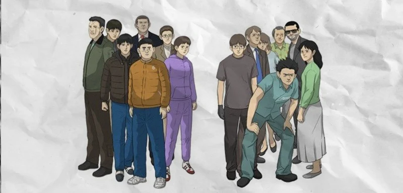 흰색을 배경으로 무빙 캐릭터들이 모여 등장하는 강풀 원작의 무빙 웹툰