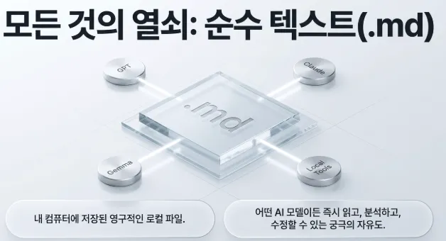 옵시디언의 핵심인 순수 텍스트 마크다운 파일(.md)을 중심에 두고 GPT와 Claude와 Gemma와 로컬 도구 등 어떤 AI 모델이든 즉시 읽고 분석하고 수정할 수 있는 개방형 구조를 시각화한 인포그래픽 (Obsidian markdown .md file AI model integration freedom)