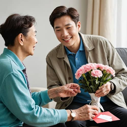 아빠에게 카네이션 꽃다발을 전달하는 아들