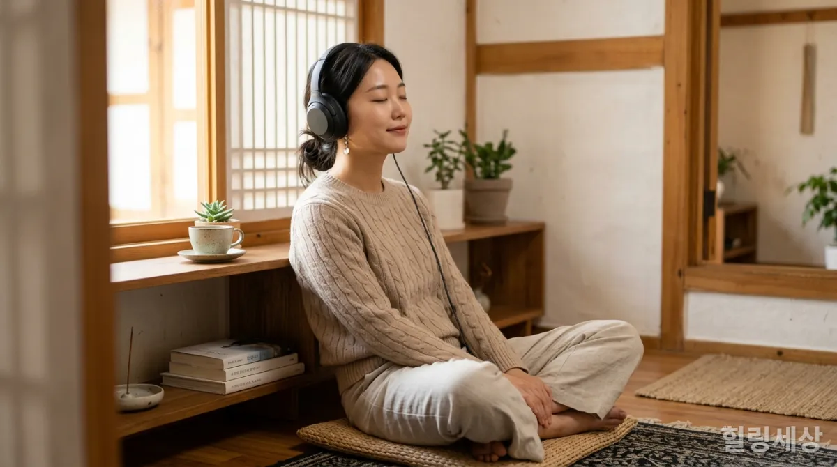 편안한 자세로 헤드폰을 끼고 사운드 힐링에 몰두하는 사람