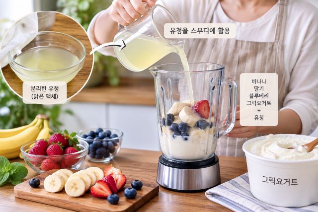 믹서기에 신선한 과일과 그릭요거트 유청을 함께 넣어 상큼한 스무디를 만드는 모습