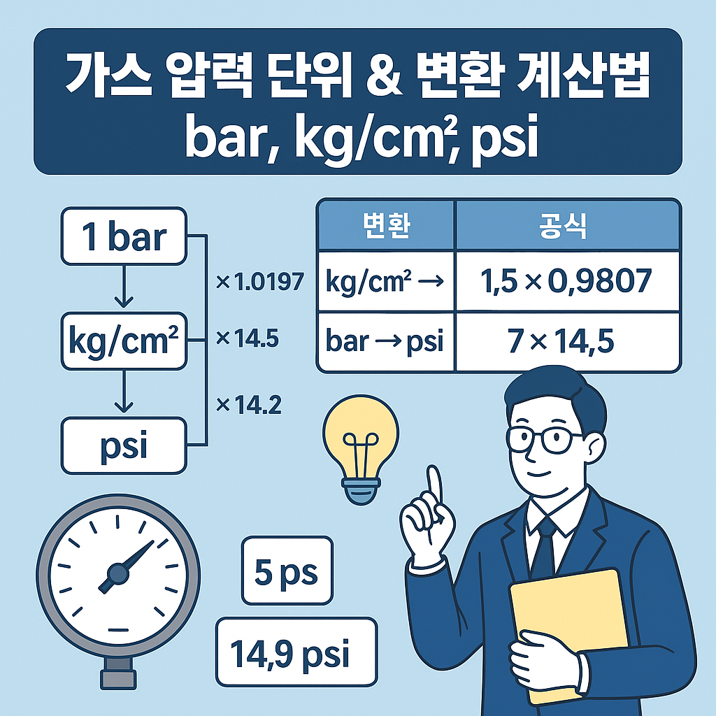 가스 압력 단위인 bar, psi, kg/cm&sup2;의 개념과 상호 변환 관계를 시각적으로 정리한 그래픽입니다