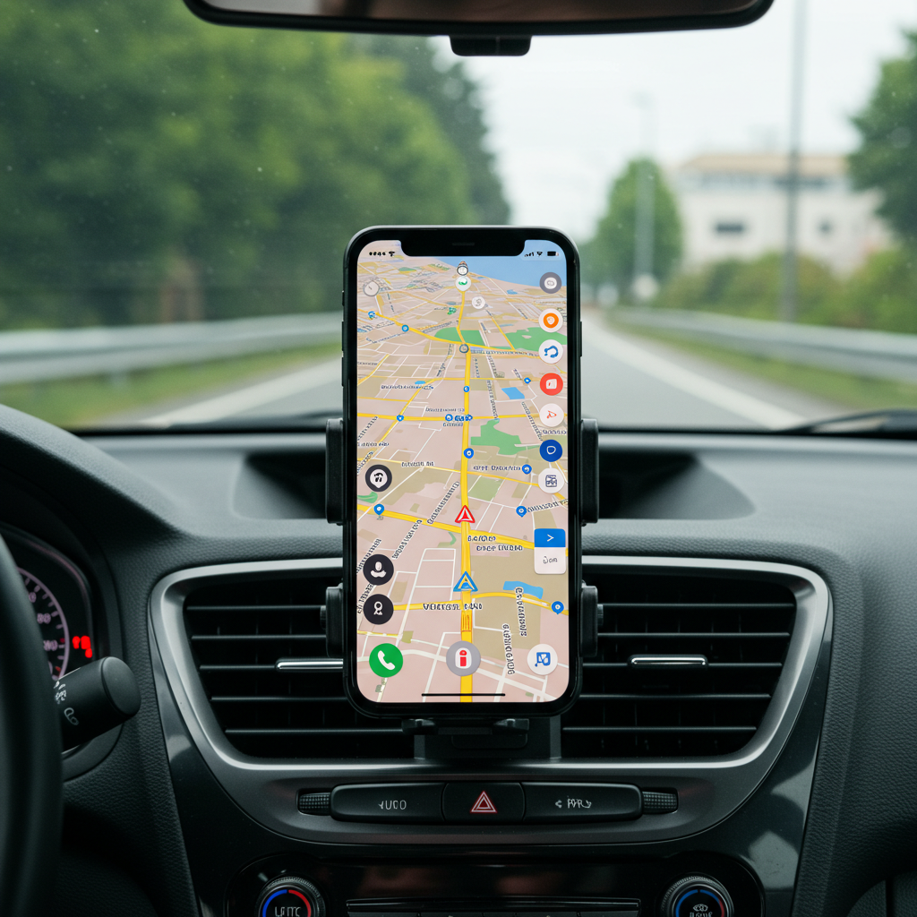 공기계를 차량용 내비게이션으로 활용하여 실시간 길안내를 받는 모습