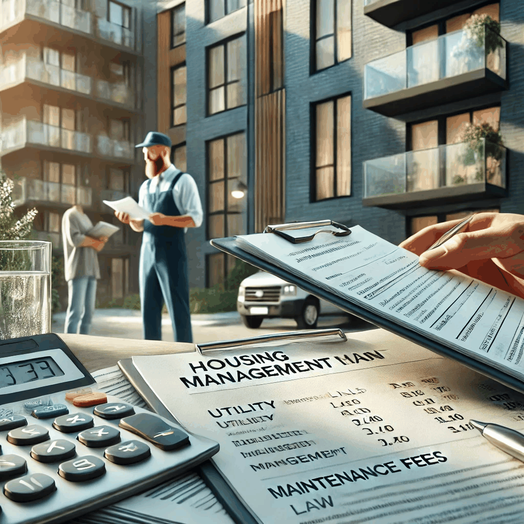 아파트 관리 사무실에서 관리비 청구서를 검토하는 주민과 관리인의 투명한 주택 관리 현장