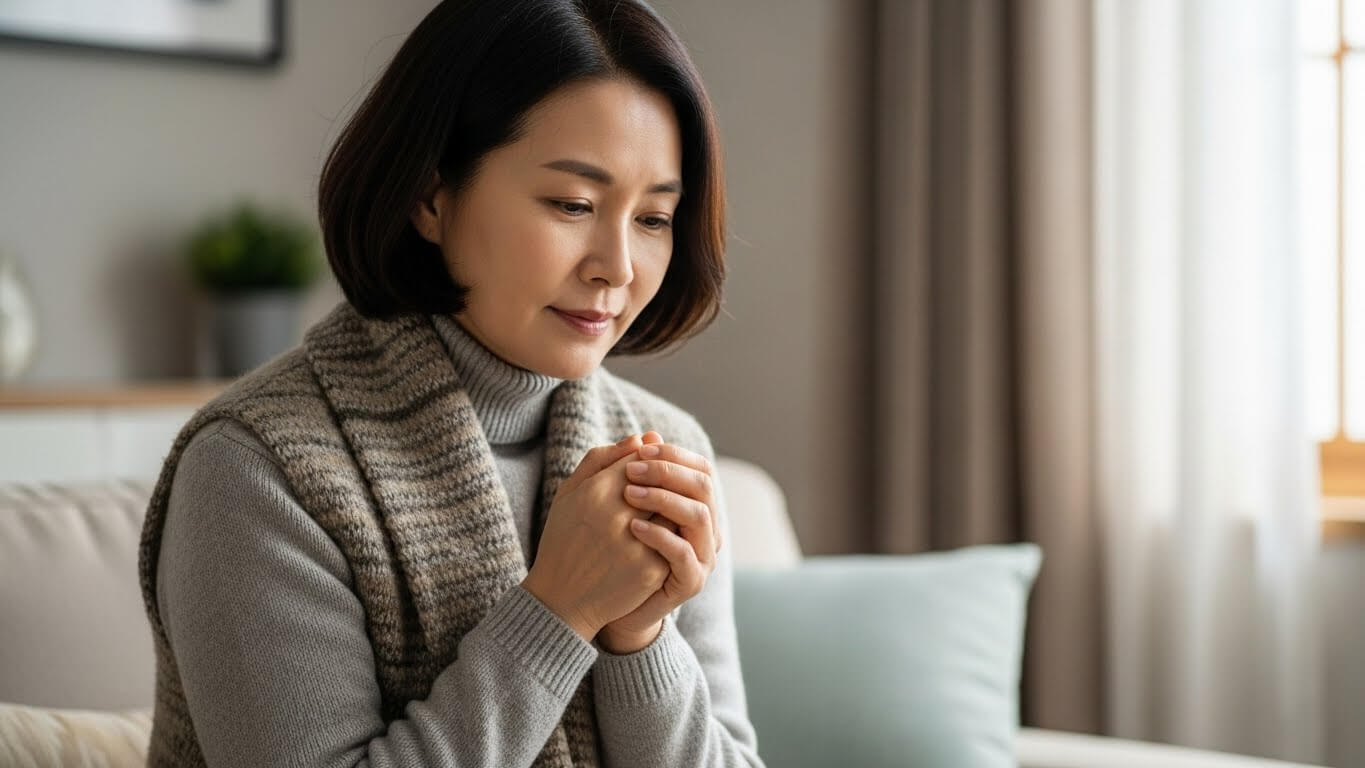 겨울철 실내에서 손이 차가워 불편함을 느끼는 중년 여성의 모습