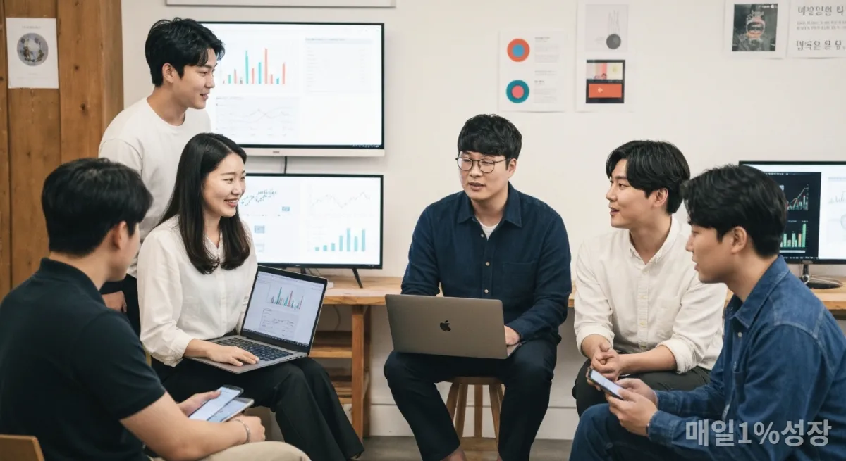 코워킹 스페이스에서 조각 투자에 대해 대화하는 한국 MZ세대 그룹