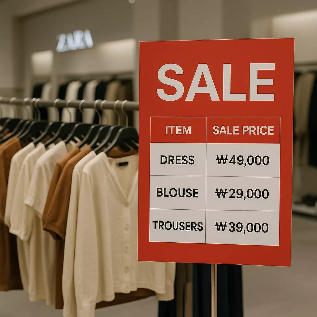 자라 2025 세일 품목 가격표. 드레스 49,000원, 블라우스 29,000원 등 실구매 가격 표시