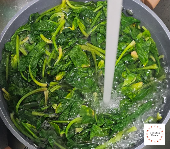 시금치나물-50초 후 불끄고 찬물에 헹구기