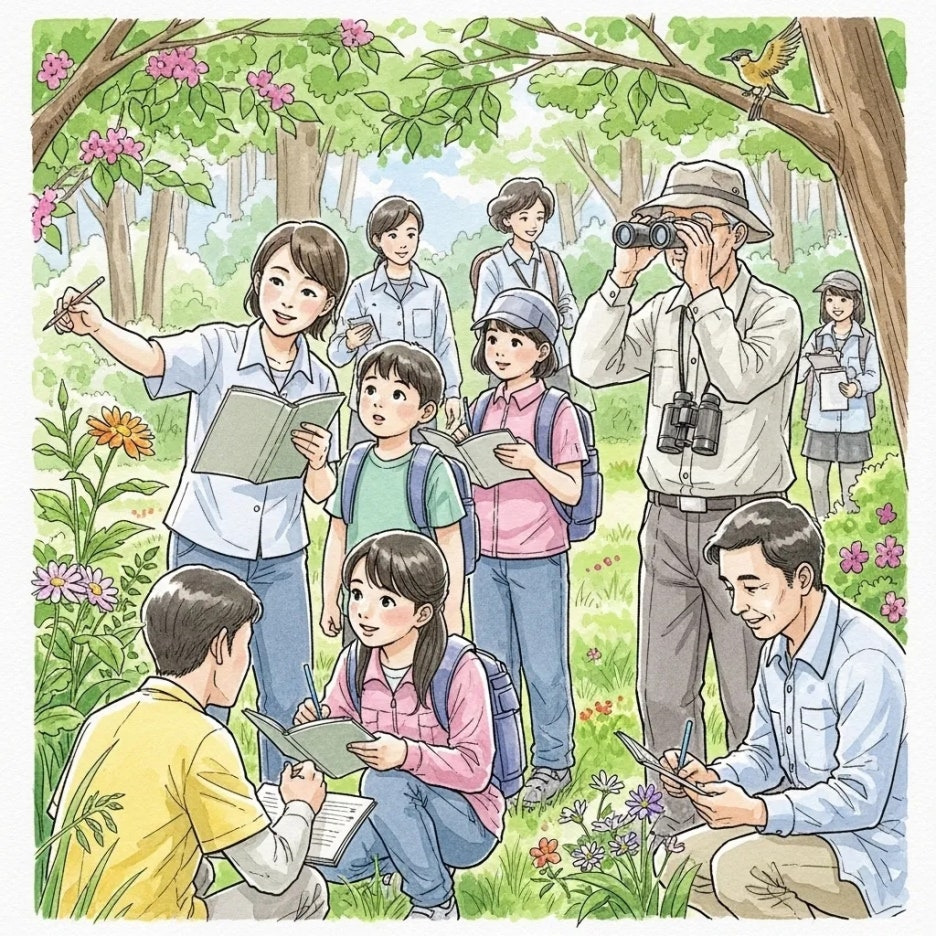 시민들이 자연을 관찰하며 기후변화를 기록하는 모습