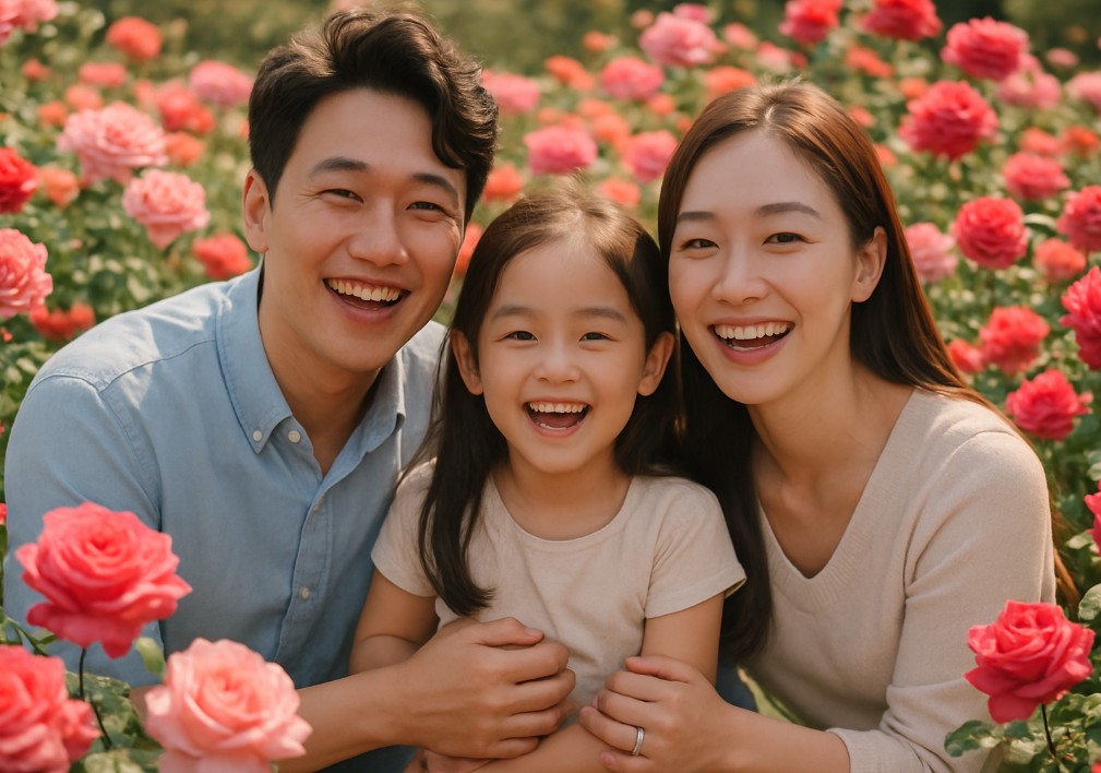 장미축제에서 가족의 행복한 모습입니다.