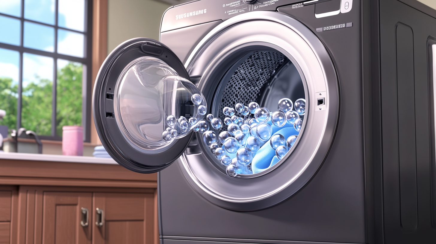 삼성 세탁기 내에서 세제가 거품으로 변하면서 옷감 섬유 속으로 스며드는 에코버블 기술을 설명하는 일러스트레이션입니다.