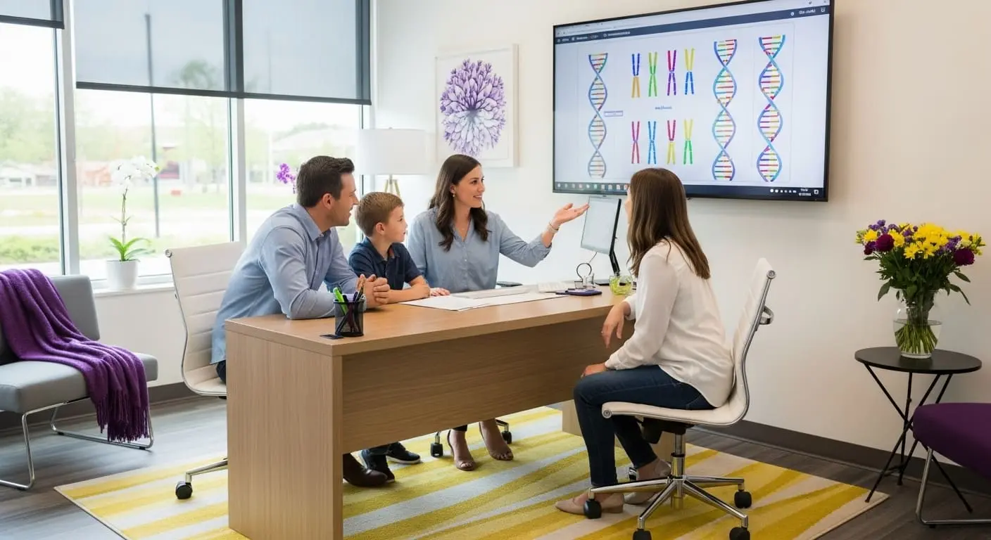 부모와 아이가 유전 상담 전문가와 함께 유전 관련 자료를 보며 상담하는 모습. 어린선 유전 상담의 중요성을 상징합니다.