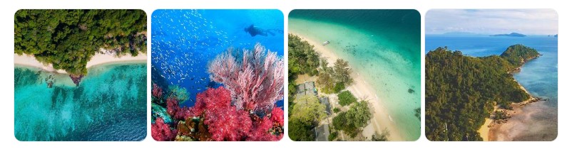 코 크라단의 해변, 산호초, 청록빛 바다와 섬 전경이 담긴 이미지