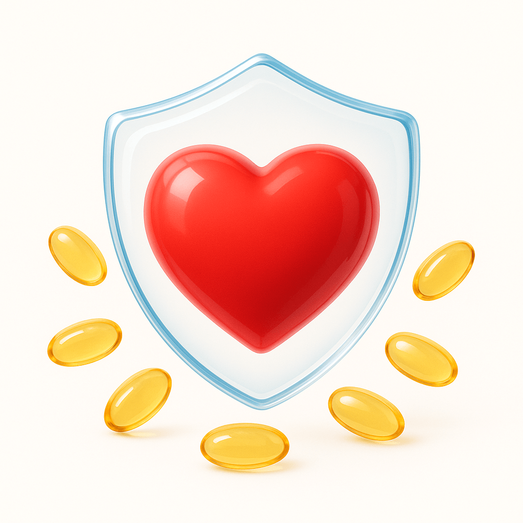 심장을 감싸고 있는 투명한 보호막 속에 오메가3 캡슐들이 둥둥 떠있는 모습(출처**자체제작)