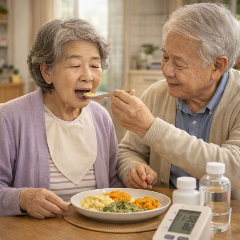 치매 환자가 보호자의 도움을 받아 부드러운 식사를 하고 있는 모습