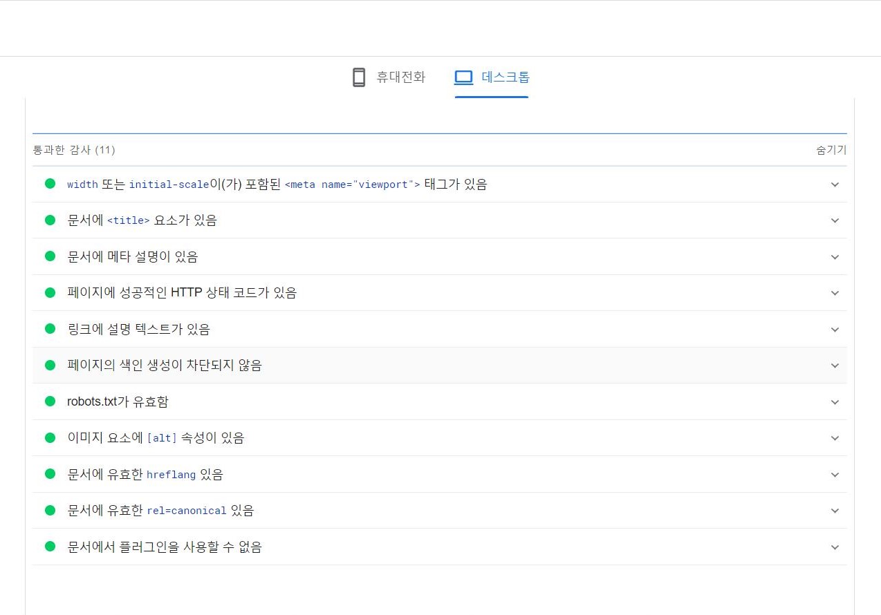 데스크톱에서 검색엔진 최적화 통과가 된 갯수를 보여주는 이미지입니다.