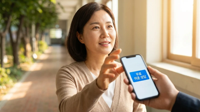 무료 이혼 상담 서비스를 스마트폰으로 찾아보는 모습, 도움을 구하는 희망적인 순간.