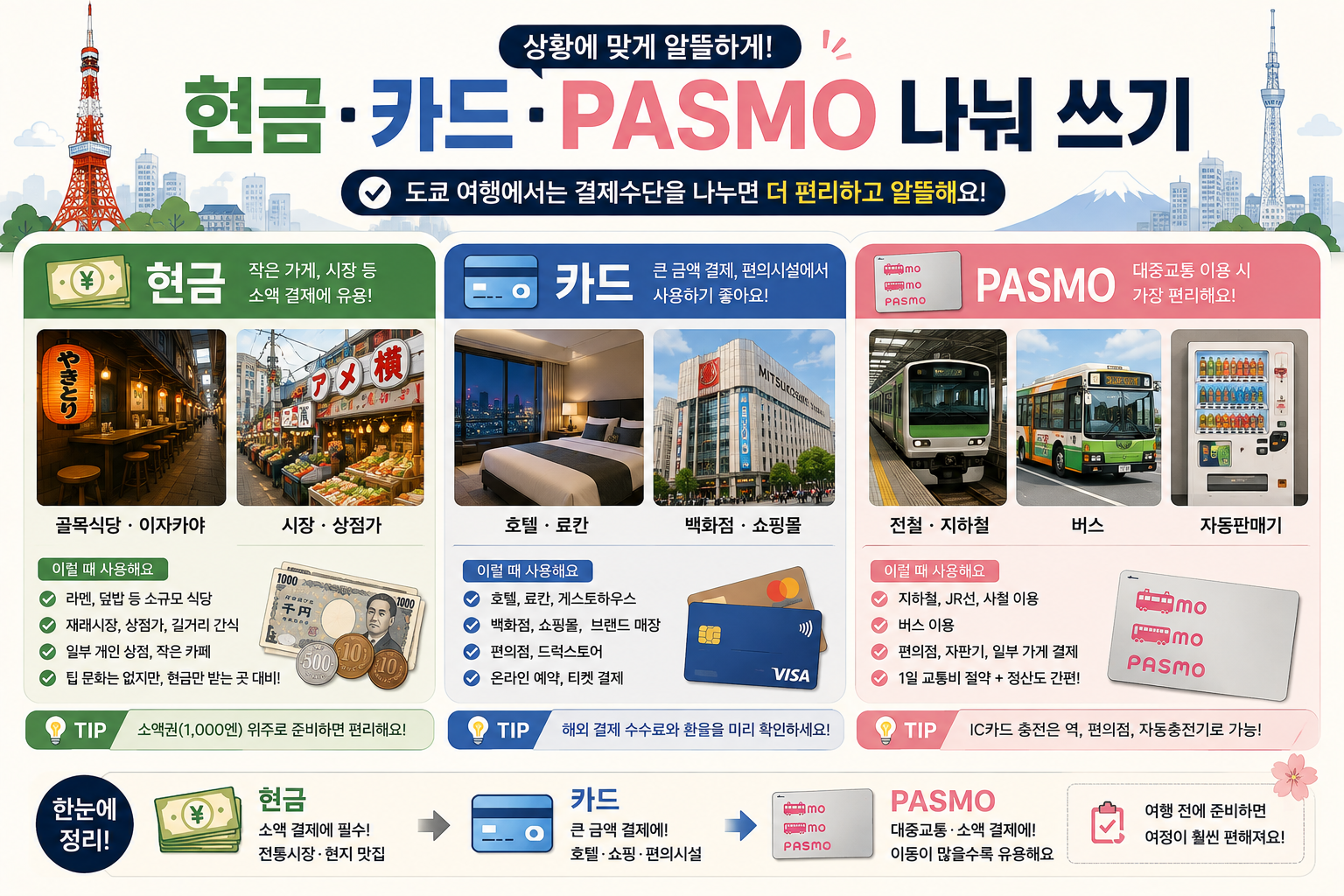 도쿄 4박5일 여행경비를 엔화 현금 카드 PASMO로 나누는 이미지