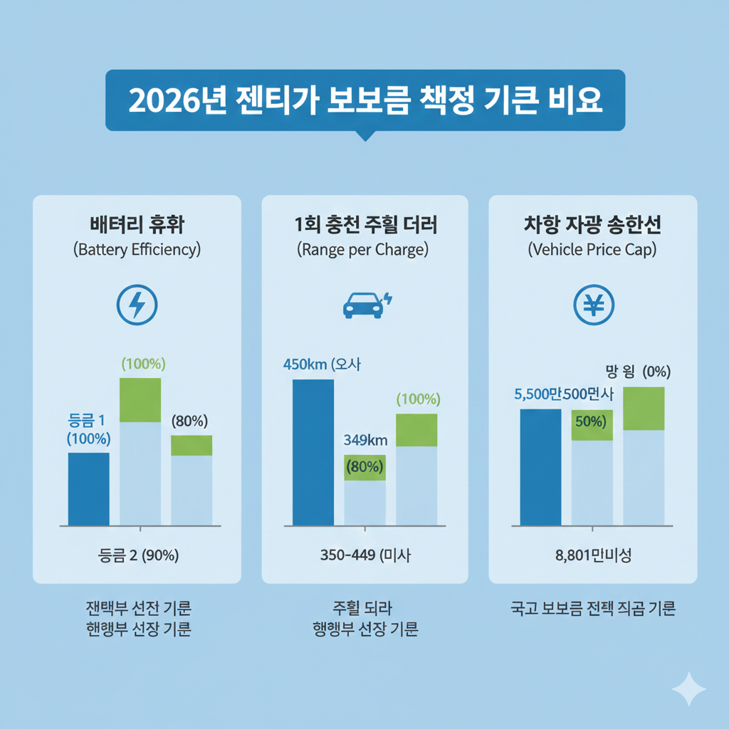 2026년 전기차 보조금 책정 기준인 배터리 효율, 주행 거리, 차량 가격 상한선 등을 비교 분석한 차트.