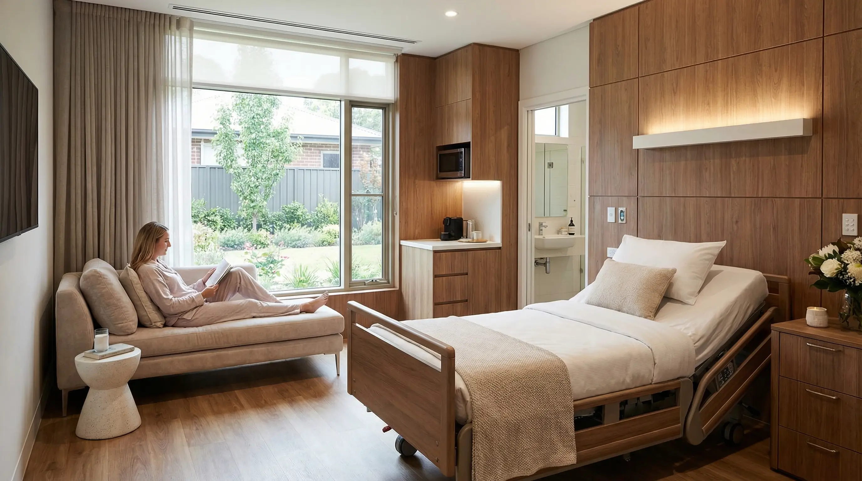 조용하고 쾌적한 프리미엄 1인실 병실 내부와 편안하게 휴식하는 모습