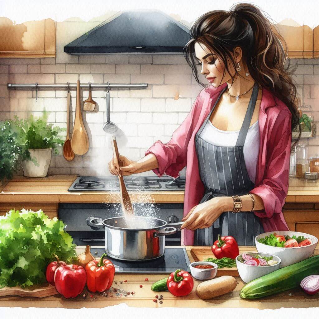 건강한 식사를 요리하고 있는 세련된여성, 수채화이미지