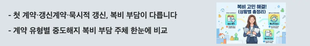 전월세 중도해지 복비: "첫 계약·갱신계약·묵시적 갱신, 복비 부담이 다릅니다 / 계약 유형별 중도해지 복비 부담 주체 한눈에 비교"라는 문구가 포함된 웹배너 이미지. 이 이미지는 첫 계약과 갱신계약 및 묵시적 갱신 상태에서 복비 부담 원칙이 어떻게 달라지는지를 시각적으로 전달하며, 블로그의 상황별 전월세 중도해지 복비 비교와 관련된 내용을 설명함