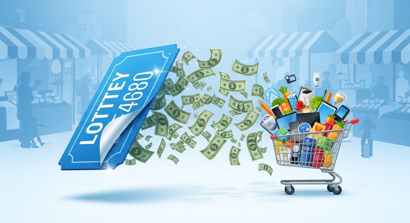 "A dynamic, modern illustration of a vibrant blue lottery ticket transforming into cash and a shopping cart, symbolizing consumption leading to luck. The background should have subtle, stylized traditional market elements, emphasizing economic activity. Professional and hopeful style."